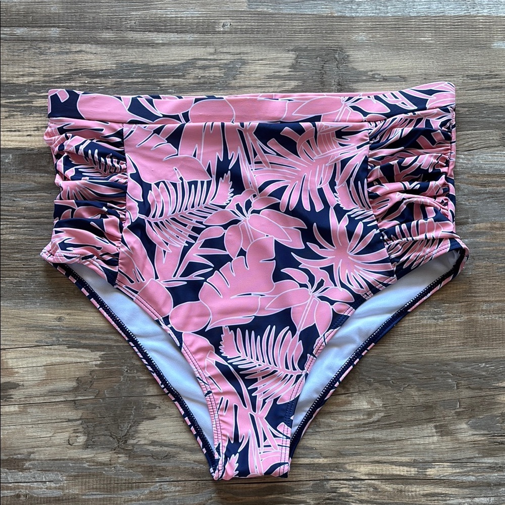 Bloomchic Pink and Navy Floral High-Waisted Bikini Bottoms Size 14-16